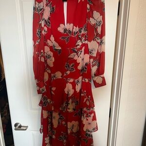 Red Ruffled Tiered Gown with Bishop Sleeves